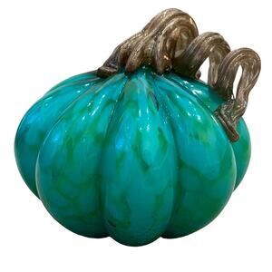 MIKASA Hand Blown Art Glass Pumpkin Aqua Blue & Green Spotted Designer Decor New
